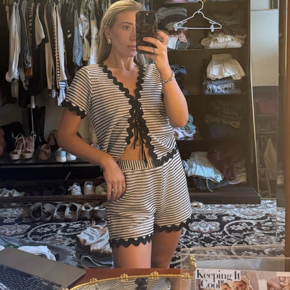 Black and Cream Knit Short Set - Hem & Thread - Black Scalloped Edge - Tie Front